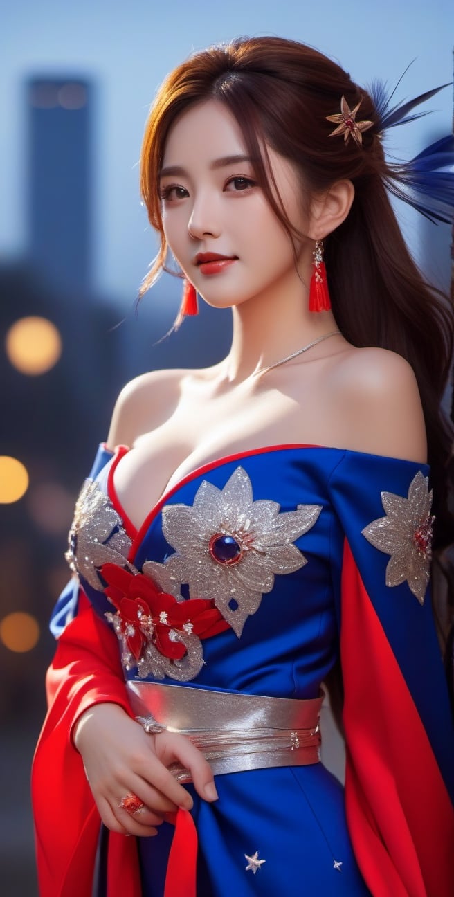 best quality, masterpiece, 1girl, solo, extremely detailed, bare shoulders, Bright stars, Depth of field, dramatic angle, floating hair, feather, looking at viewers, real, photo, cityscape, stars, night, full moon, giantess, long hair, multicolored hair, blue eyes, red eyeshadow, smirk, evening dress, hair ornament, heart hair ornament, earrings, jewelry, bell, necklace, pendant, bracelet, half gloves , tiara, halo, off shoulder, detached sleeves, Long skirt, red hair, blonde hair , streaked hair, wavy hair.",smile, (huge_boobs:1.7), willowy, chiseled, (hunky:3.4), body Rotation -9 degree,((cowboy shot:1.8)),Movie Still,chinese girls,hanfu,xxmix_girl