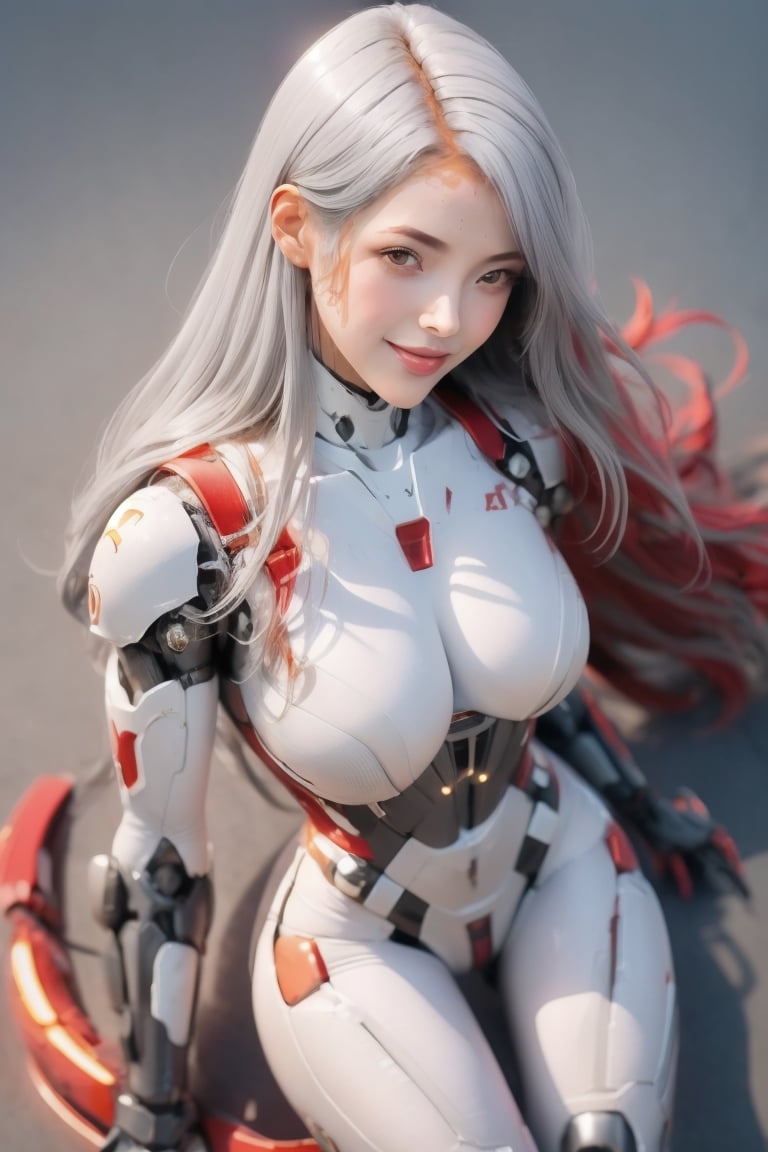 masterpiece, best quality, 1girl, solo,  ayre, (white bodysuit:1.5), mecha musume, parted lips, arms at sides, halo, red eyes, (gray hair:1.5),cyberpunk steet background, glowing eyes, white skin,ayre, (perfect hands, perfect anatomy), smile ( shiny oil skin:0.9), cowboy_shot, spread legs, curved body, (dynamic sexy pose:1.7), sexy body, (big breast:1.2), upper body, 9 head length body, looking at viewer, ,Mecha body,(from_above:1.4)