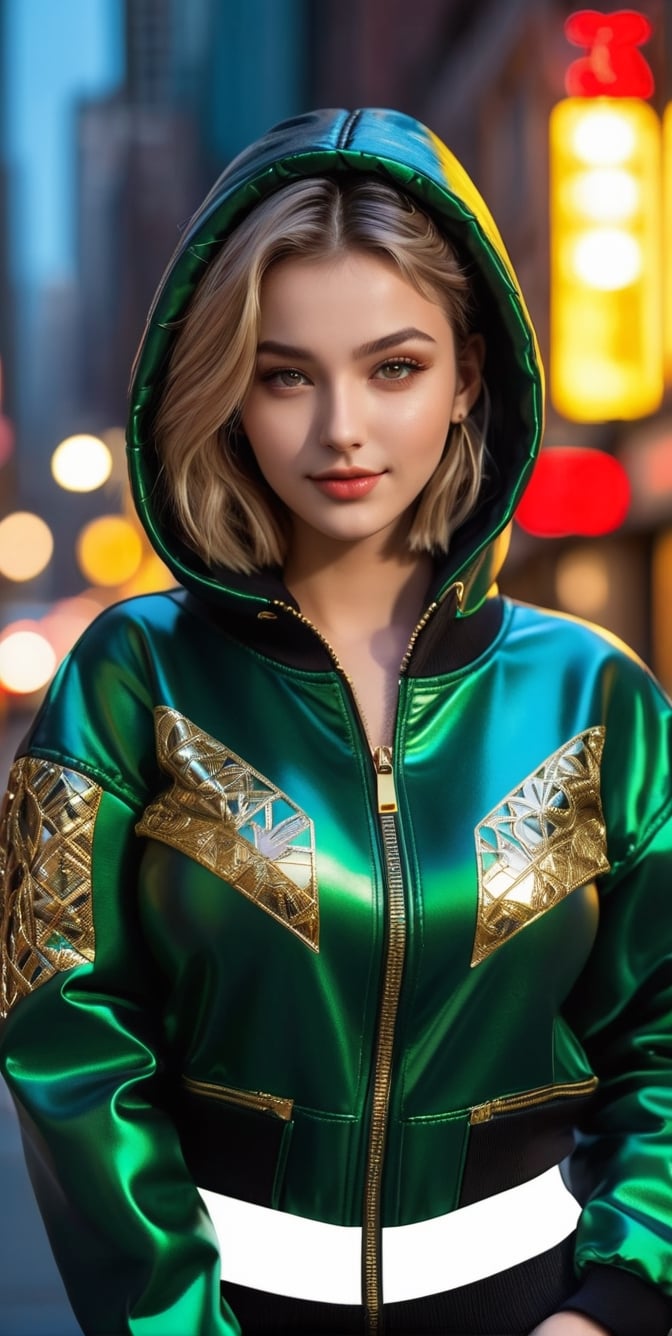 Medium shot,background is New York,street, 18 yo, 1 girl,russia girl, best quality, high resolution, highly detailed, detailed background, perfect lighting,girl wearing black hooded tracksuit with gold accents, gold pattern, gold zipper, gold pattern, long green hair, gold pattern on tracksuit, green eyes, painted nails, delinquent, bully, intimidating hairstyle, leather, bag,, black baseball cap, cool, pretty, gorgeous, beautiful, park, denim_pants, puffer chrome jacket, puffy_sleeves, puffy coat,smile, ((nervous and embarrassed)), sharp-focus, smile,(oil shiny skin:1.0), (big_boobs:1.5), willowy, chiseled, (hunky:2.6),(( body rotation 120 degree)), (upper body:2),(perfect anatomy, prefecthand, dress, long fingers, 4 fingers, 1 thumb), 9 head body lenth, dynamic sexy pose, breast apart, (artistic pose of awoman),neon photography style, cinematic moviemaker style