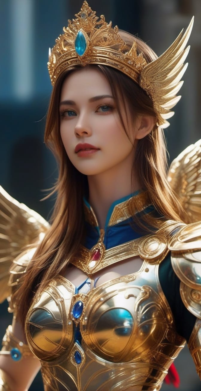 Masterpiece, highly detailed, realistic, A beautiful girl battle angel in polished solid gold armour with barouque engraving with a diamonds and precious stones. She has a broadsword. She has two large white feathered wings and long flowing auburn hair and an intricate gold crown encrusted with diamonds sapphires rubies and emeralds. She has beautiful blue eyes. Beautiful Face, Detailed face, lovely, photorealistic, photograph, castle in background, smile, (oil shiny skin:1.3), (huge_boobs:2.2), willowy, chiseled, (hunky:2.0), body turn -46 degree, (perfect anatomy, prefecthand, dress, long fingers, 4 fingers, 1 thumb), 9 head body lenth, dynamic sexy pose, breast apart, ((full body:1.2)), (artistic pose of a woman),DonMFr0stP4nkXL,more detail XL,crystalz,DonMChr0m4t3rr4XL ,chrometech,fire element