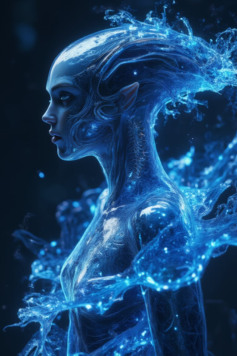 A majestic Xenomorph Queen emerges from a swirling vortex of bio-luminescent energy, her translucent, transparent, and reflective exoskeleton glistening like polished obsidian. Neon-blue splashes of light dance across her upper body, as if fueled by her ancient power. The camera zooms in for a hyper-detailed close-up portrait, capturing every intricate detail, from the swirling patterns on her thorax to the delicate fibers of her wing membranes. In the background, 3D elements of poly-hydro-morphic forms blend seamlessly with neo-geo structures, evoking a sense of otherworldly architecture. The Fibonacci-based composition guides the viewer's gaze through this masterpiece of anthropomorphic sci-fi art, as if drawn into the very soul of the Alien Queen herself.