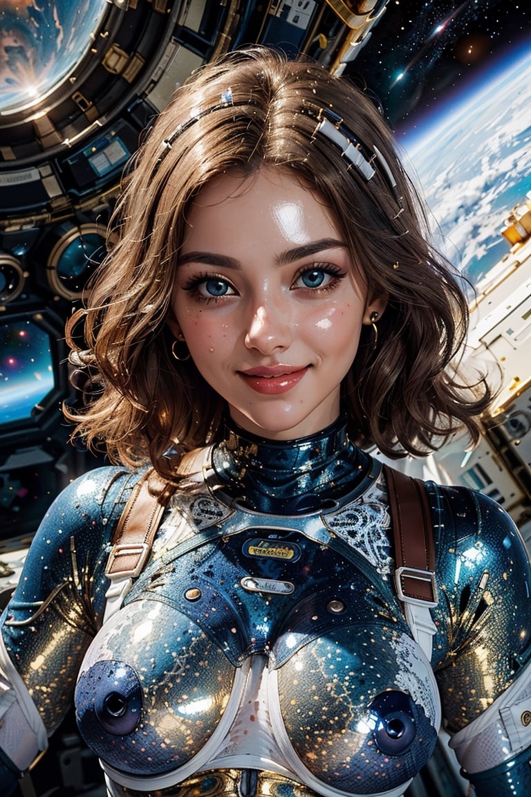 (best quality, masterpiece, perfect face, beautiful and aesthetic:1.2, colorful, dynamic angle, highest detailed face) fashion photography of cute astronaut girl with long iridiscent golden hair, in space (intricate details, hyperdetailed:1.15), detailed, sunlight passing through hair, (beautiful galaxy background), (high contrast, official space art, extreme detailed, highest detailed),(white bodysuit:1.5) HDR,smile, (oil shiny skin:1.2), (big breast:1.3), (perfect anatomy, prefecthand, long fingers, 4 fingers, 1 thumb), 9 head body lenth, breast apart, (upped body:1.2), looking at viewer, pov,hubble,More Detail