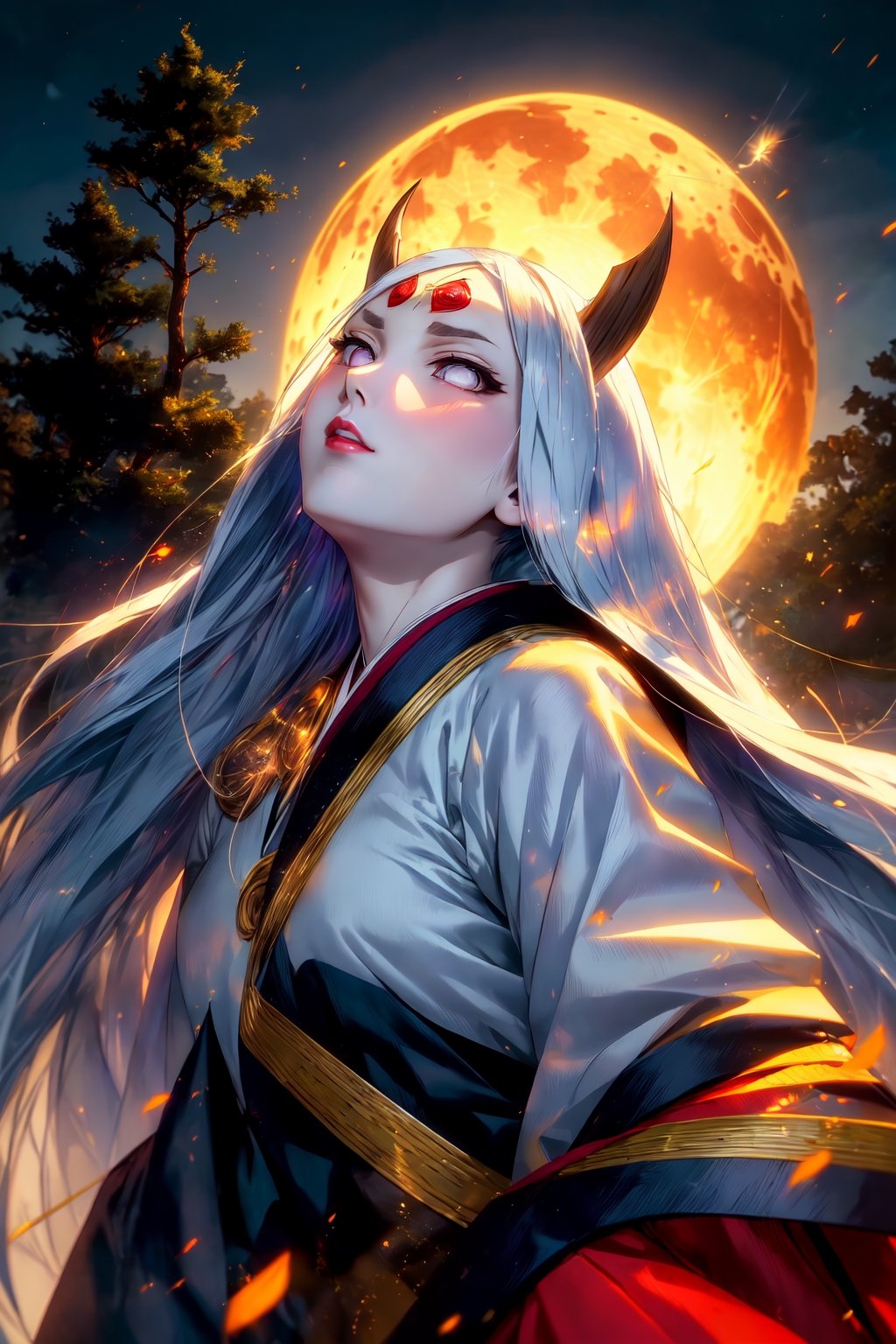 masterpiece,best quality,highly detailed,ultra-detailed,an extremely delicate and beautiful,masterpiece,1girl, solo,kaguya,mature female, long pure white long hair, absurdly long hair, third eye,horns, pale skin,white short eyebrows, pure white otsutsuki kimono, perfect eyes,floating hair, sexy pose, High quality 7k, High resolution ,fully_clothed, Meteorites with magma falling from the sky at night,third eye,pale skin,dynamic pose, dynamic poses, ( backview), (looking upward:1.6), (long shot:1.5), (from below:1.0),forests,big trees,temples,red full moon,r1ge,asian girl