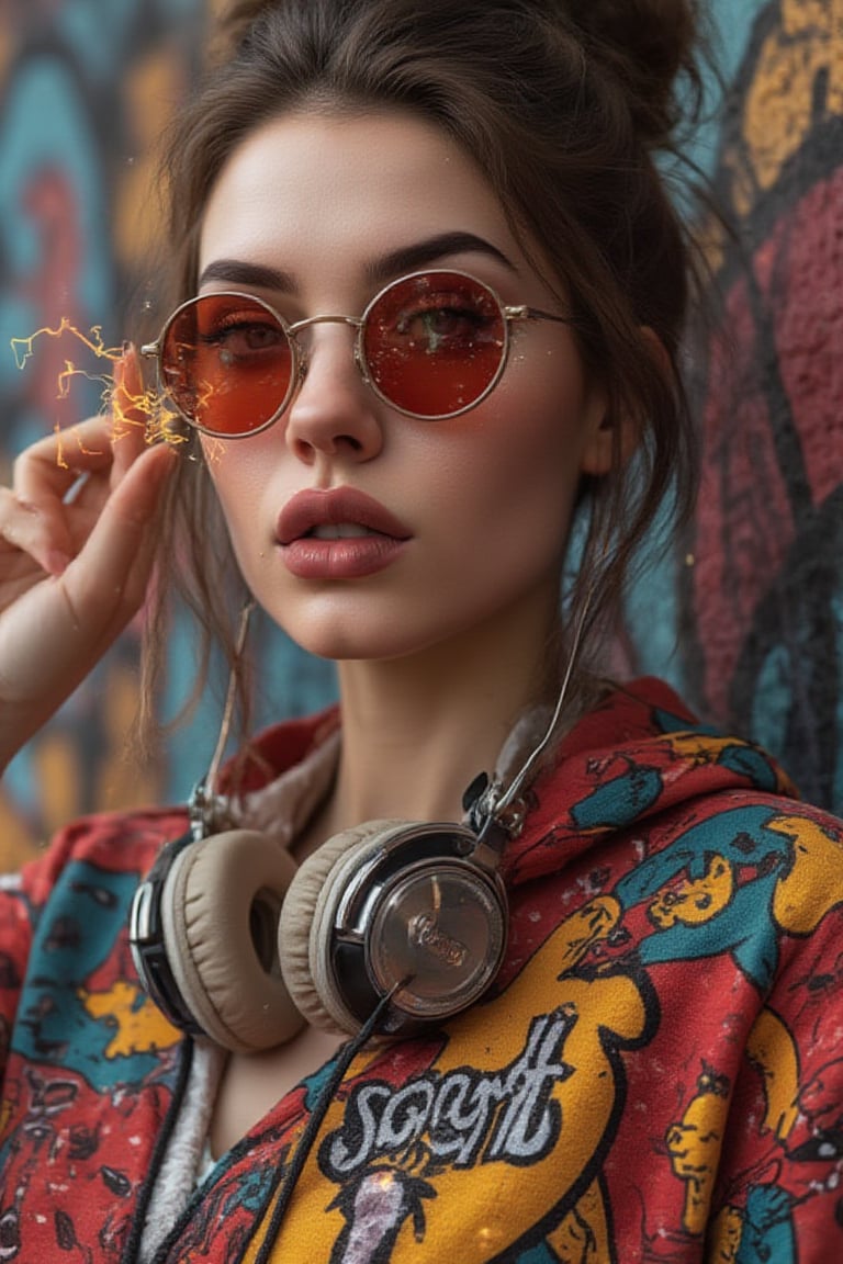 A vibrant hyper-realistic portrait of a confident Russian woman standing before a bold graffiti wall, her stylish glasses reflecting the colors of the urban canvas. She wears a brightly colored 'scam nft' hoodie adorned with cartoon graphics, large headphones draped around her neck. The painting's dynamic composition blends Möbius-inspired curves, glitch art textures, and ukiyo-e patterns, evoking a sports poster's energy and capturing the essence of modern street culture in meticulous detail. her hand crackling with huge fire power as she gazes directly at the camera, 