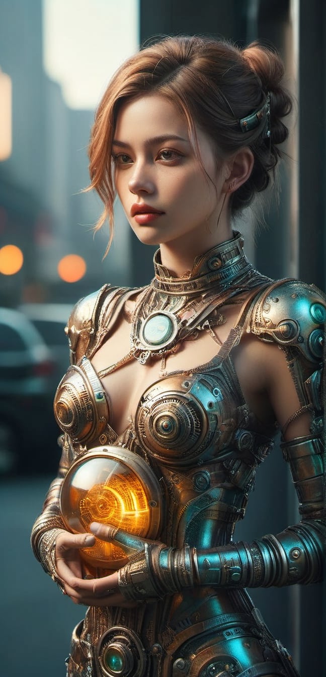 ((medium shot)), (RAW photo, best quality), (realistic, photo-Realistic:1.3), Imagine a beautiful cyborg with a translucent glowing glass body with colorful electronic mecha part and clockwork completely visible through her translucent glass body walking through a futuristic city, flowy hair, fantasy, work of beauty and complexity, 8k UHD, hyperdetailed ultrarealistic face, hazel eyes ,cyborg style, glowing translucent glass, amber glow,steampunk style, glass body, 80mm digital photo , wide_hips, translucent seethrough glass like body,Leonardo Style,cyberpunk style, iridescent glow,glasstech,,smile, (oil shiny skin:1.0), (big_boobs:2.8), willowy, chiseled, (hunky:2.4),(( body rotation -35 degree)), (upper body:0.8),(perfect anatomy, prefecthand, dress, long fingers, 4 fingers, 1 thumb), 9 head body lenth, dynamic sexy pose, breast apart, (artistic pose of awoman),chrometech,surface imperfections,steampunk,bubbleGL,neotech,ste4mpunk,DonMM00m13sXL