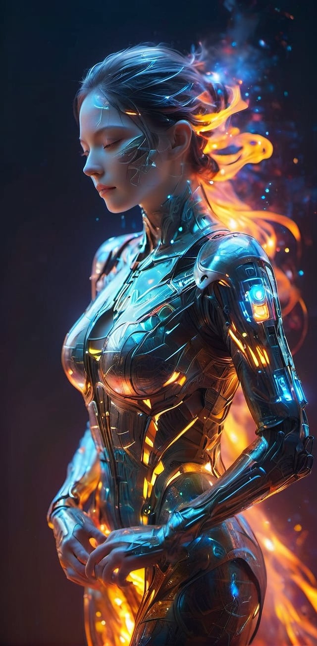 Upper body ,1 girl, solo, ((masterpiece, top quality, best quality, score_9, score_8_up, score_7_up, score_6_up, 1girl, solo, cosmic fire, human face, koling, cosmic, half open eyes, glowing eyes, magic eyes, glowing cheast, cosmic body, very cosmic hair, arms behind head,OverallDetail, ,, smile,(oil shiny skin:1.0), (big_boobs:2.6), willowy, chiseled, (hunky:2.0),(( body rotation -90 degree)), (upper body:1.6),(perfect anatomy, prefecthand, dress, long fingers, 4 fingers, 1 thumb), 9 head body lenth, dynamic sexy pose, breast apart, (artistic pose of awoman),,neon style,neotech,minimalist hologram,fire that looks like...,simple background,glow,Katon,oil paint ,Ninjutsu,Ninja, fire element,hubggirl,DonMW15pXL,Energy light particle mecha,ByteBlade