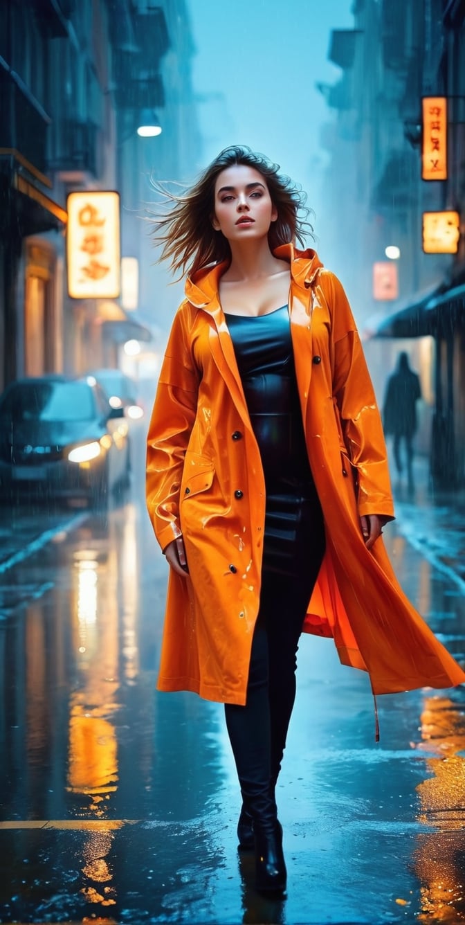 upper body, Generate an artisvic vision of watercolor portrait of a beautiful girl in a orange raincoat,20yo,walking in a dark raining street.fullbody.graffiti style.(Rough strokes).Mystical.Mysterious.Ethereal.Dim lights in the street.Dark and Hazy background.puddles.rain.fog. spotlight on her face.low key.(chiaroscuro lighting),blurry backdrop.BREAK rule of thirds,depth of perspective,perfect composition,impressionism,clear facial features,perfect hands,aesthetic minimalism,painterly,by Karol Bak,Alessandro Pautasso and Hayao Miyazaki, real_booster, art_booster, street background, c. smile,(oil shiny skin:1.0), (big_boobs:1.5), willowy, chiseled, (hunky:2.6),(( body rotation 120 degree)), (upper body:2),(perfect anatomy, prefecthand, dress, long fingers, 4 fingers, 1 thumb), 9 head body lenth, dynamic sexy pose, breast apart, (artistic pose of awoman),neon photography style