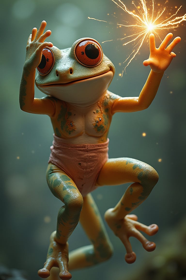 vibrant comical Funny, leaping frog wearing a bathing suit, arms in air, full body, hyper-realistic, extremely detailed, vibrant, Ultra HD 128k,(her hand crackling with huge electricity power as she gazes directly at the camera))