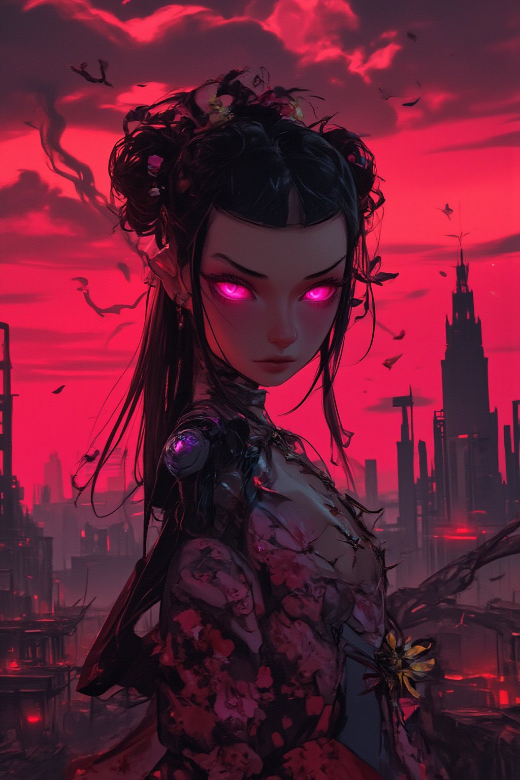 In a desolate post-apocalyptic Moscow Kremlin, ravaged by chaos and destruction, a lone cyborg stands amidst the ruins. Her fluorescent pink eyes glow bright amidst the fiery red sky ablaze with flames and dark black clouds. She wears a stunning kimono with floral print of cherry blossoms, its delicate petals fluttering in the wind. A soft smile plays on her lips as she looks directly at the viewer, her parted bangs framing her face like a work of art. Her long black hair flows down her back, adorned with a hair ornament that shines like a beacon of hope. The once-beautiful fabric is now tattered and worn, mirroring the destruction surrounding her. A delicate bow adorns her neck, complementing the intricate jewelry wrapping around her upper body. Amidst the devastation, she stands frozen in time, her beauty and poise a defiant declaration against the backdrop of destruction. Upper body, 4K, best quality, masterpiece.