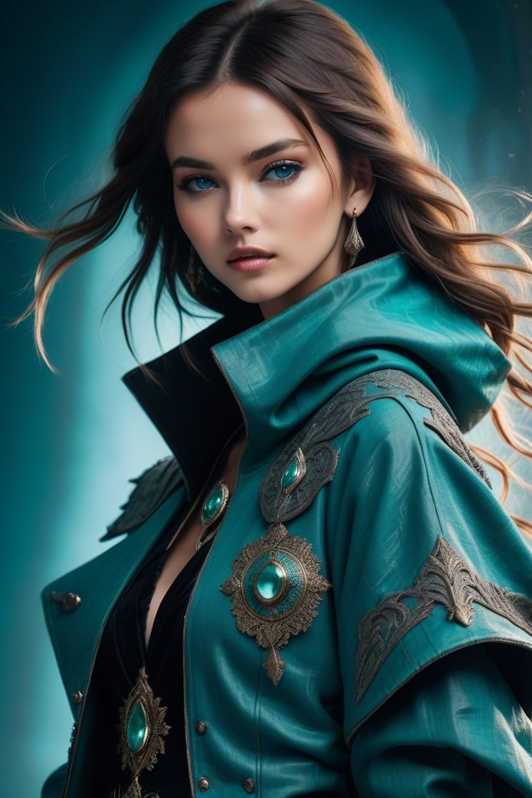 An award-winning closeup photo of a female model wearing a baggy teal distressed medieval cloth womenswear jacket by alexander mcqueen, 4 k, studio lighting, wide angle lens