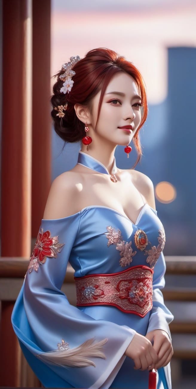 best quality, masterpiece, 1girl, solo, extremely detailed, bare shoulders, Bright stars, Depth of field, dramatic angle, floating hair, feather, looking at viewers, real, photo, cityscape, stars, night, full moon, giantess, long hair, multicolored hair, blue eyes, red eyeshadow, smirk, evening dress, hair ornament, heart hair ornament, earrings, jewelry, bell, necklace, pendant, bracelet, half gloves , tiara, halo, off shoulder, detached sleeves, Long skirt, red hair, blonde hair , streaked hair, wavy hair.",smile, (huge_boobs:1.7), willowy, chiseled, (hunky:3.4), body Rotation -9 degree,((cowboy shot:1.8)),Movie Still,chinese girls,hanfu,xxmix_girl