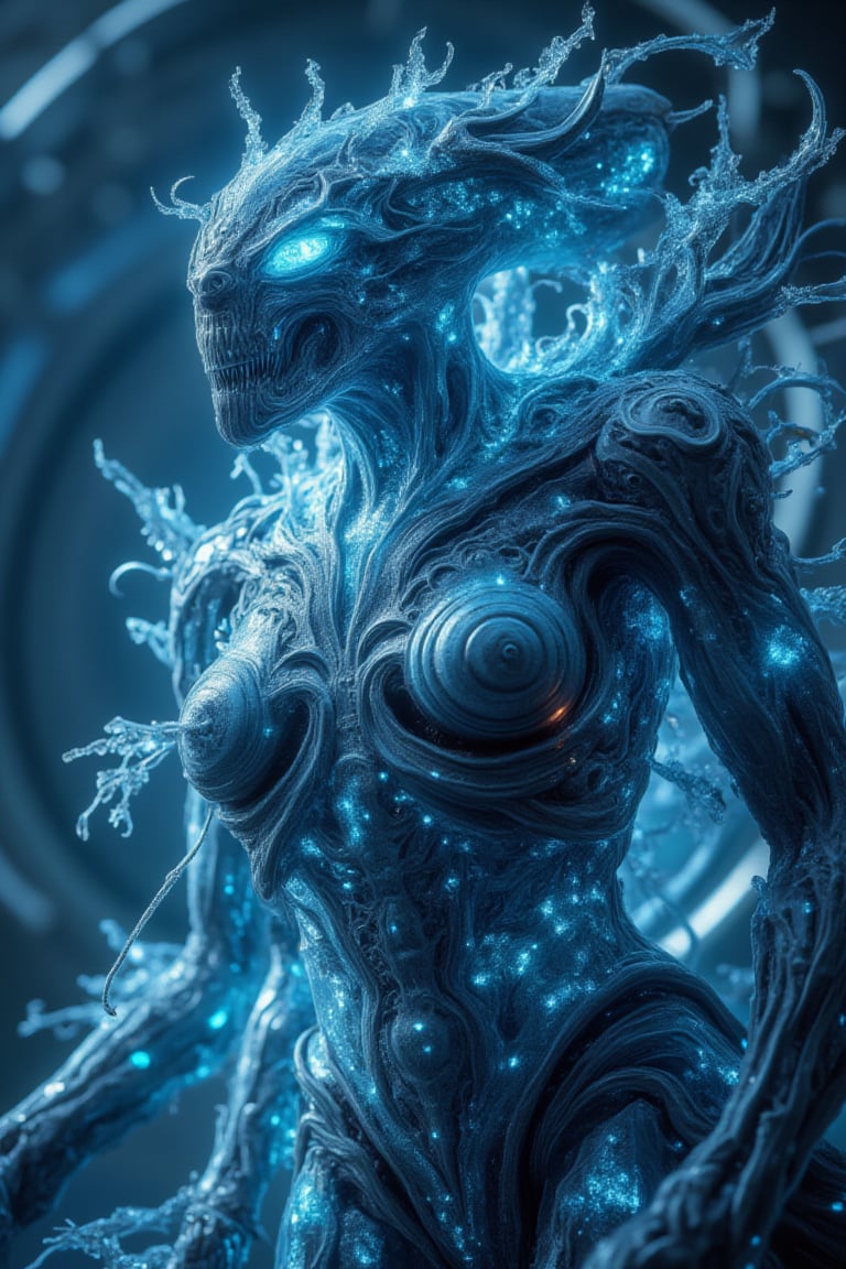 A majestic Xenomorph Queen emerges from a swirling vortex of bio-luminescent energy, her translucent, transparent, and reflective exoskeleton glistening like polished obsidian. Neon-blue splashes of light dance across her upper body, as if fueled by her ancient power. The camera zooms in for a hyper-detailed close-up portrait, capturing every intricate detail, from the swirling patterns on her thorax to the delicate fibers of her wing membranes. In the background, 3D elements of poly-hydro-morphic forms blend seamlessly with neo-geo structures, evoking a sense of otherworldly architecture. The Fibonacci-based composition guides the viewer's gaze through this masterpiece of anthropomorphic sci-fi art, as if drawn into the very soul of the Alien Queen herself.