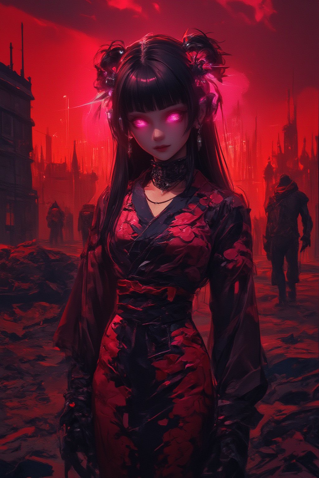 In a desolate post-apocalyptic Moscow Kremlin, ravaged by chaos and destruction, a lone cyborg stands amidst the ruins, her fluorescent pink eyes glowing bright amidst the fiery red sky ablaze with flames and dark black clouds. Her long black hair flows down her back, adorned with a hair ornament that shines like a beacon of hope. She wears a stunning kimono with a floral print of cherry blossoms, its delicate petals fluttering in the wind. The once-beautiful fabric is now tattered and worn, mirroring the destruction surrounding her. A soft smile plays on her lips as she looks directly at the viewer, her parted bangs framing her face like a work of art. Her red eyes seem to pierce through the darkness, illuminated by the faint glow of her cybernetic enhancements. A delicate bow adorns her neck, complementing the intricate jewelry that wraps around her upper body. Amidst the devastation, she stands frozen in time, her beauty and poise a defiant declaration against the backdrop of destruction. The blurred background, with its twisted metal and shattered bricks, serves as a stark contrast to the vibrant colors of her kimono and the fiery red sky above, creating a striking visual narrative that freezes the viewer's gaze.