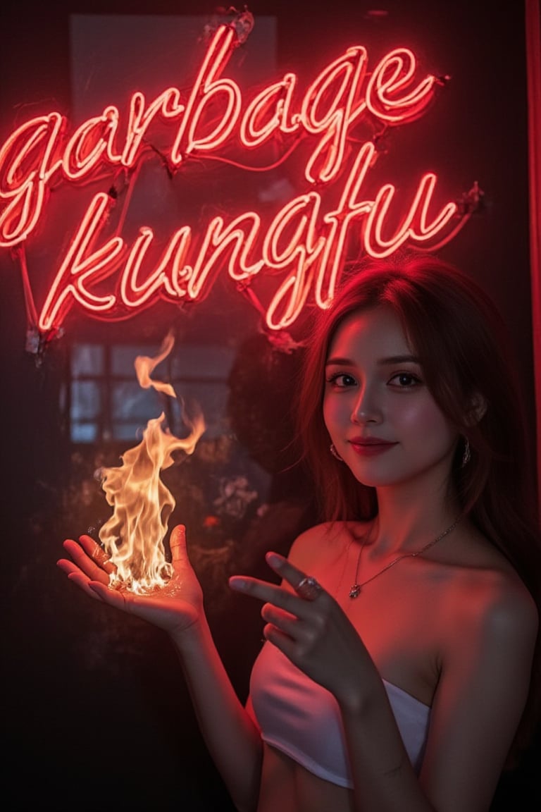 A very beautiful woman is pointing at the viewer and smiling, pointing at a large neon sign that says "garbage kungfu". The background is dark gothic with dark tones in a Japanese style. Detailed texture, high quality, high resolution, high precision, realism, color correction, good lighting settings, harmonious composition, Behance work, watercolor, text, the text is "",ct-kjbp, , as huge fire crackles from her hand,