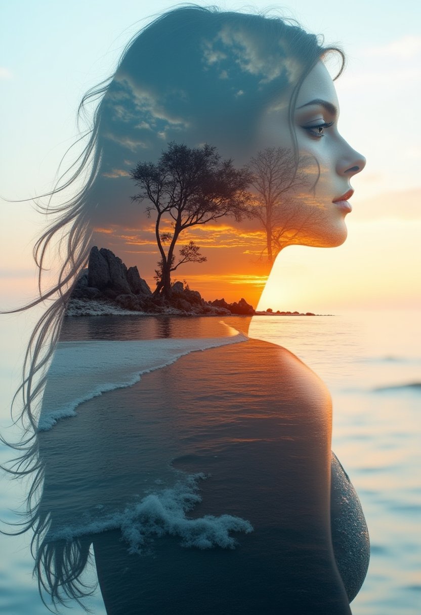 High quality, 8K Ultra HD, a beautiful double exposure that combines a goddess silhouette with the sunset coast, blue eyes, the sunset coast should serve as the underlying backdrop, with its details incorporated into the goddess, sharp lines, the background is monochrome, sharp focus, double exposure, impressive in full color,