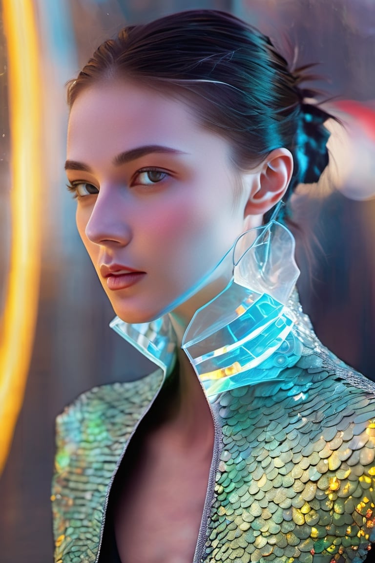 an oil painting of a beautiful young caucasian woman 21 years old, cyberpunk futuristic with cyan, translucent plastic, amber, and neon theme, Full body, crystal, Royal princess on a viewpoint look at the Futuristic city below wearing finery on beautiful translucent body, by wlop and richard schmid, loose brushstrokes, Broken Glass effect, no background, stunning, something that even doesn't exist, mythical being, energy, molecular, textures, iridescent and luminescent scales, breathtaking beauty, pure perfection, divine presence, unforgettable, impressive, breathtaking beauty, Volumetric light, auras, rays, vivid colors reflects, Broken Glass effect, no background, stunning, something that even doesn't exist, mythical being, energy, molecular, textures, iridescent and luminescent scales, breathtaking beauty, pure perfection, divine presence, unforgettable, impressive, breathtaking beauty, Volumetric light, auras, rays, vivid colors reflects, UTOPIA, UTOPIAN,eyes shoot,oil paint ,EpicSky,xxmixgirl,neon photography style,DonMFr0stP4nkXL,p3rfect boobs