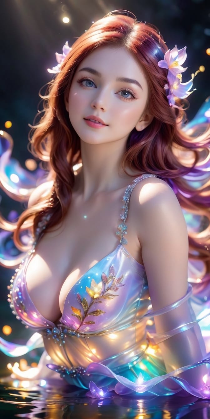 Medium full shot ,4k,best quality,masterpiece,1 American girl, 1 girl,(red hair,streaked hair, long hair, hime cut,), a luminous transparent bioluminescent multidimensional entity, delicate lilac flower branch, lilac fairy, super transparent, divine light, beautiful spectrum light, petal sparkle, flashing, dark background, transparent light drops, reflected light, bright, light flowing, optical , portrait profile, sharp focus, magical, complex, ultra-realistic, bewitching, sexy, erotic, beautiful face, detailed and perfect face, detailed and beautiful eyes, even eyes, perfect proportions, huge breasts, thin waist, navel, big butt, crotch gap, sexy thighs, random pose, dynamic angle, fantasy, composition, light, art station trend, pearl, silver vapor patronus cloud, corrosive enveloping ray family,, smile,(oil shiny skin:1.5), (big_boobs:1.2), willowy, chiseled, (hunky:2.6),(( body rotation 120 degree)), (perfect anatomy, prefecthand, dress, long fingers, 4 fingers, 1 thumb), 9 head body lenth, dynamic sexy pose, breast apart, (artistic pose of awoman),GARTERBELT,smoke on the water,xxmix_girl