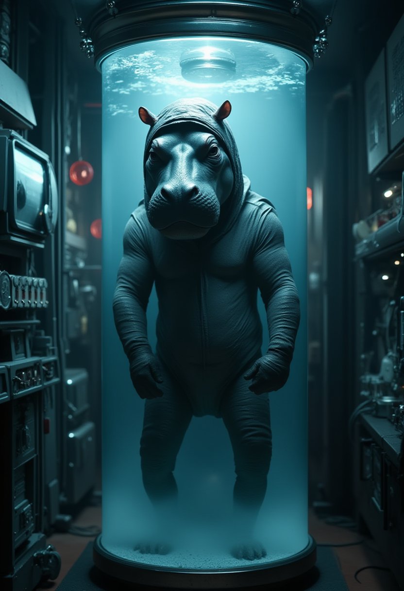 Full body shot,a hippo wearing a ninja costume. The hippo is named Oliver. Cyberpunk cryogenic chamber with Oliver's body inside suspended in cloudy liquid in scientific study in laboratory, in the background, container with liquid, wires and tubes, photorealistic, sharp focus, studio photography, intricate details, highly detailed, with completely burned skin, cables and pipes, electronic parts, dark environment, Blade Runner, Matrix, skin cut and cut, extremely detailed, fine intricate details, fog, perfect composition, beautiful detailed intricate insanely detailed octane render trending on artstation, 8 k artistic photography, photorealistic concept art, soft natural volumetric cinematic perfect light, chiaroscuro, award - winning photograph, masterpiece, oil on canvas, raphael, caravaggio, greg rutkowski, beeple, beksinski, giger