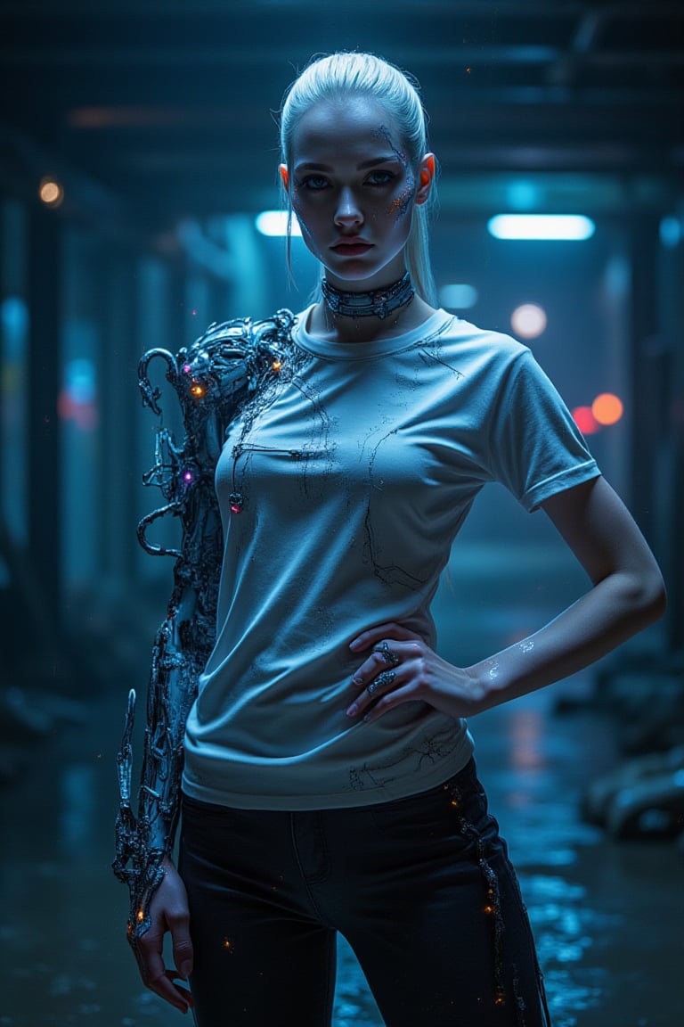 A hauntingly beautiful female albino model stands defiantly in a dimly lit underground lair. She wears a sleek cyberpunk-inspired t-shirt that glows with neon hues under the faint blue light of a distant cityscape. Her gaze is confident and unapologetic as she poses with one hand resting on her hip, while a futuristic robotic limb extends from her shoulder. The camera captures her dynamic pose through a wide-angle lens, emphasizing the gritty texture of the environment. Lens flare and scratches add to the overall grunge aesthetic, as if the image has been distorted by the city's raw energy. Artificial lighting creates an eerie glow on her pale skin, while visual artifacts and light leaks imbue the scene with a sense of glitched photography.,biomechanical arms,led on elbow,