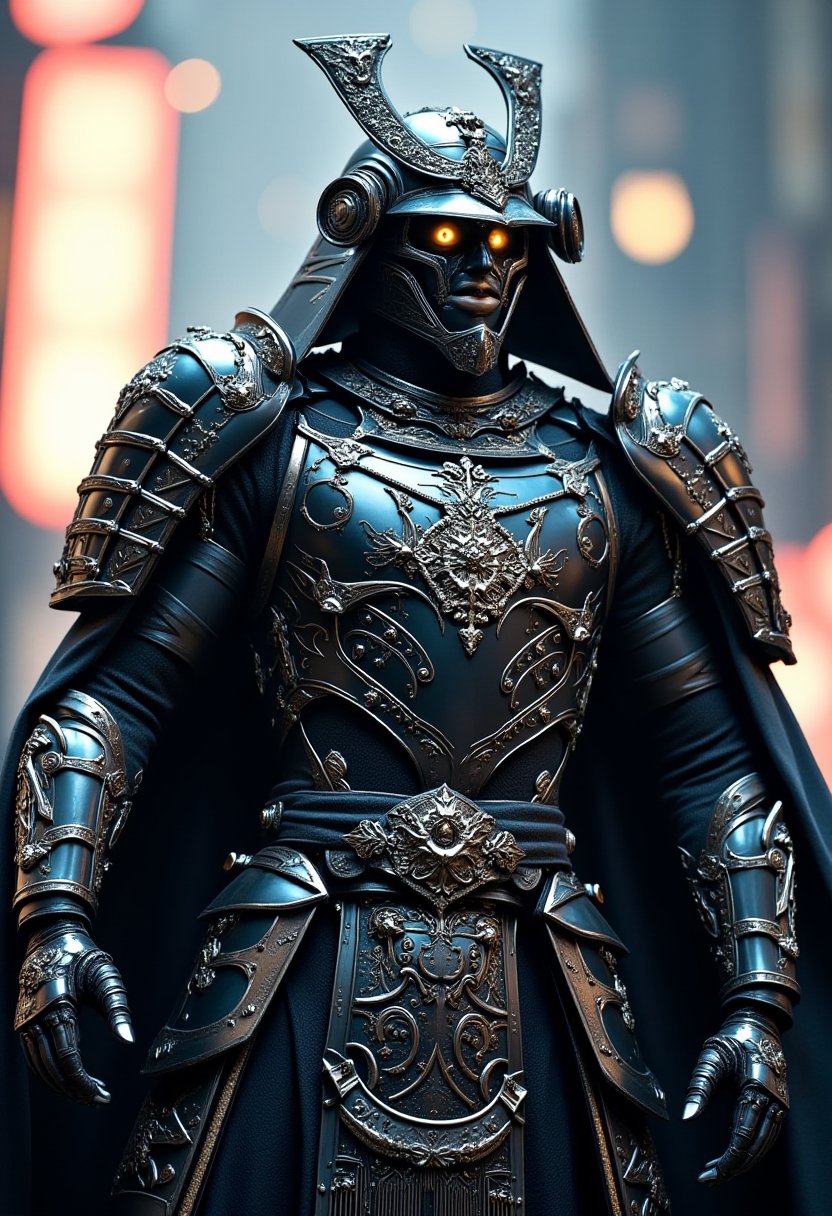 A technologically advanced modern shogun, adorned in sleek, futuristic armor, exudes power and authority. The image, possibly a digital painting, showcases intricate metallic details and glowing accents that highlight the shogun's imposing stature. The dynamic composition and sharp colors make this depiction truly mesmerizing, elevating it to a work of art deserving of admiration.

