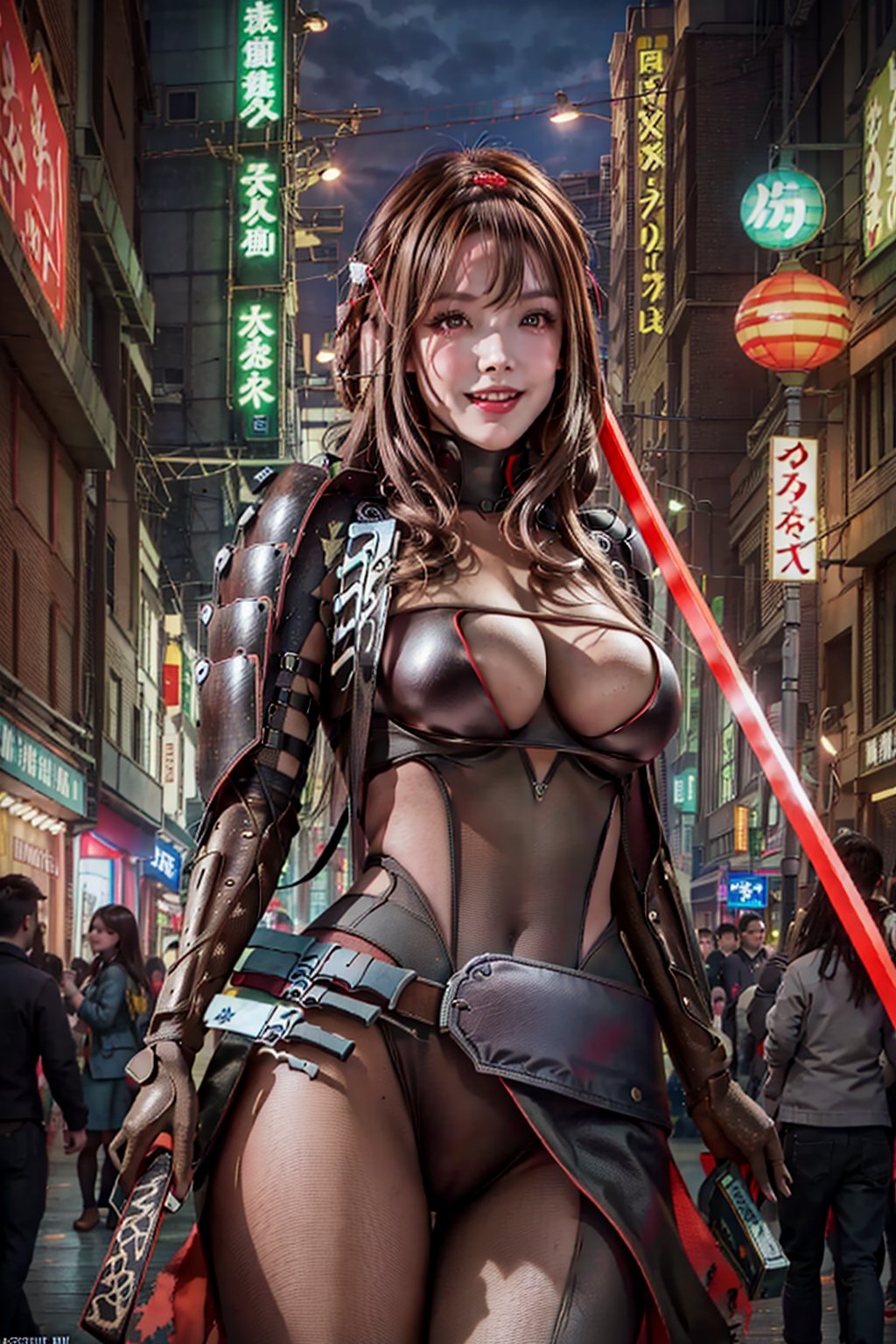  scarletbs, solo, red eyes, headpiece, long hair, bodysuit, armor, holding weapon, red katana, combat pose, post apocalyptic cityscape, (high resolution, detailed, best quality, sharp),scarletbs, closed_mouth, (smile:1.2), (perfect hands, perfect anatomy), ( shiny oil skin:1.2), thin waist, curved body, dynamic sexy pose, (brown hair:1.5), long fingers, sexy body, (gigantic breast:0.9), 9 head length body, looking at viewer, (cowboy  shot:1.2), (viewed_from_below:1.2), Huaxi Street Tourist Night Market background,