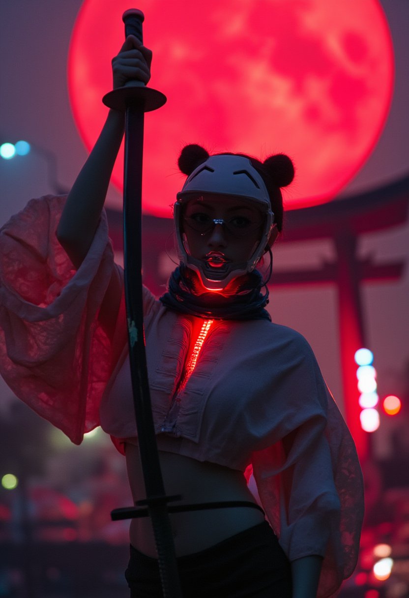 (An overhead close-up shot captures the cyborg warrior as she lifts her katana high above her head, the blade dominating the frame and glowing with the crimson light of the red moon. The focus shifts from the sharp edge of the katana to her mechanical jaw and intense eyes beneath her short, double pom-pom hair. Her baggy kimono and flowing scarf add intricate textures to the scene as they ripple in the wind. In the background, blurred out, two mountains and a giant torii gate loom under the red moonlight, with volumetric fog and cyan-red lights creating an otherworldly ambiance retro cyberpunk girl, (kyoto street background:1.1),cyberhelmet, unzip sleeves,(((with her Rib Cage made of only glass. Neon cables and gears inside the glass body ,:1.2),