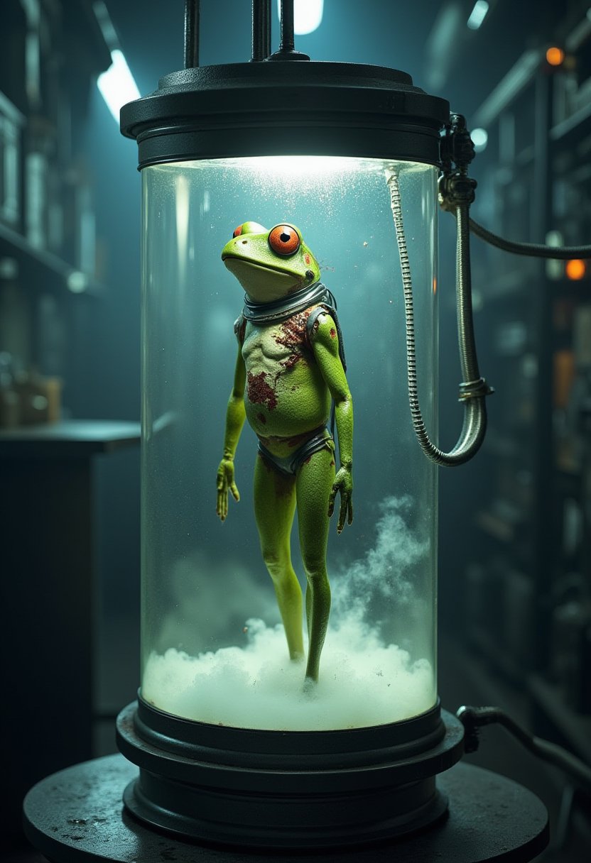 a frog wearing a costume. The frog is named Oliver. Cyberpunk cryogenic chamber with Oliver's body inside suspended in cloudy liquid in scientific study in laboratory, in the background, container with liquid, wires and tubes, photorealistic, sharp focus, studio photography, intricate details, highly detailed, with completely burned skin, cables and pipes, electronic parts, dark environment, Blade Runner, Matrix, skin cut and cut, extremely detailed, fine intricate details, fog, perfect composition, beautiful detailed intricate insanely detailed octane render trending on artstation, 8 k artistic photography, photorealistic concept art, soft natural volumetric cinematic perfect light, chiaroscuro, award - winning photograph, masterpiece, oil on canvas, raphael, caravaggio, greg rutkowski, beeple, beksinski, giger