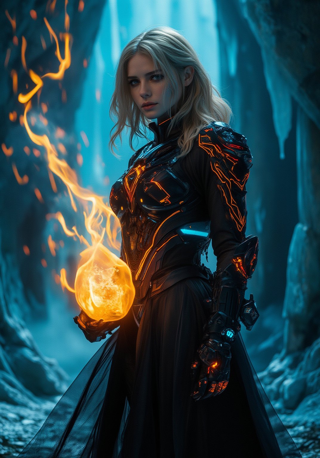 a cyborg girl in mecha armor,20yo,black and red colored armor,neon light lines glowing,exquisite face,soft shiny skin,blonde hair blowing,blue eyes, ., Exploring a stunning ice cavern, with crystalline ice formations, shimmering walls, and a glowing blue light emanating from the depths of the cave., Vibrant colors,Cobalt blue and yellow colors , realistic,detailed,masterpiece,best quality,sharp focus,high contrast,rule of thirds,depth of perspective,trending on artstation,chiaroscuro lighting, 
 . (((Rise her hand crackling with huge fire ball as she gazes directly at the camera,.,))),goth girl