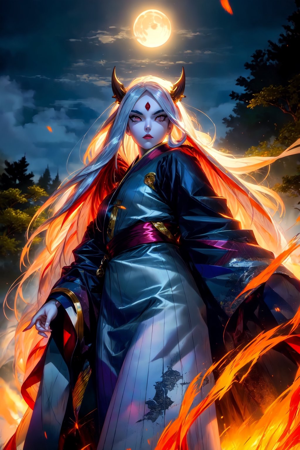 masterpiece,best quality,highly detailed,ultra-detailed,an extremely delicate and beautiful,masterpiece,1girl, solo,kaguya,mature female, long pure white long hair, absurdly long hair, third eye,horns, pale skin,white short eyebrows, pure white otsutsuki kimono, perfect eyes,floating hair, sexy pose, High quality 7k, High resolution ,fully_clothed, Meteorites with magma falling from the sky at night,third eye,pale skin,dynamic pose, dynamic poses, ( backview), (looking upward:1.2), (long shot:1.5), (from below:1.2),forests,big trees,temples,red full moon,r1ge,asian girl