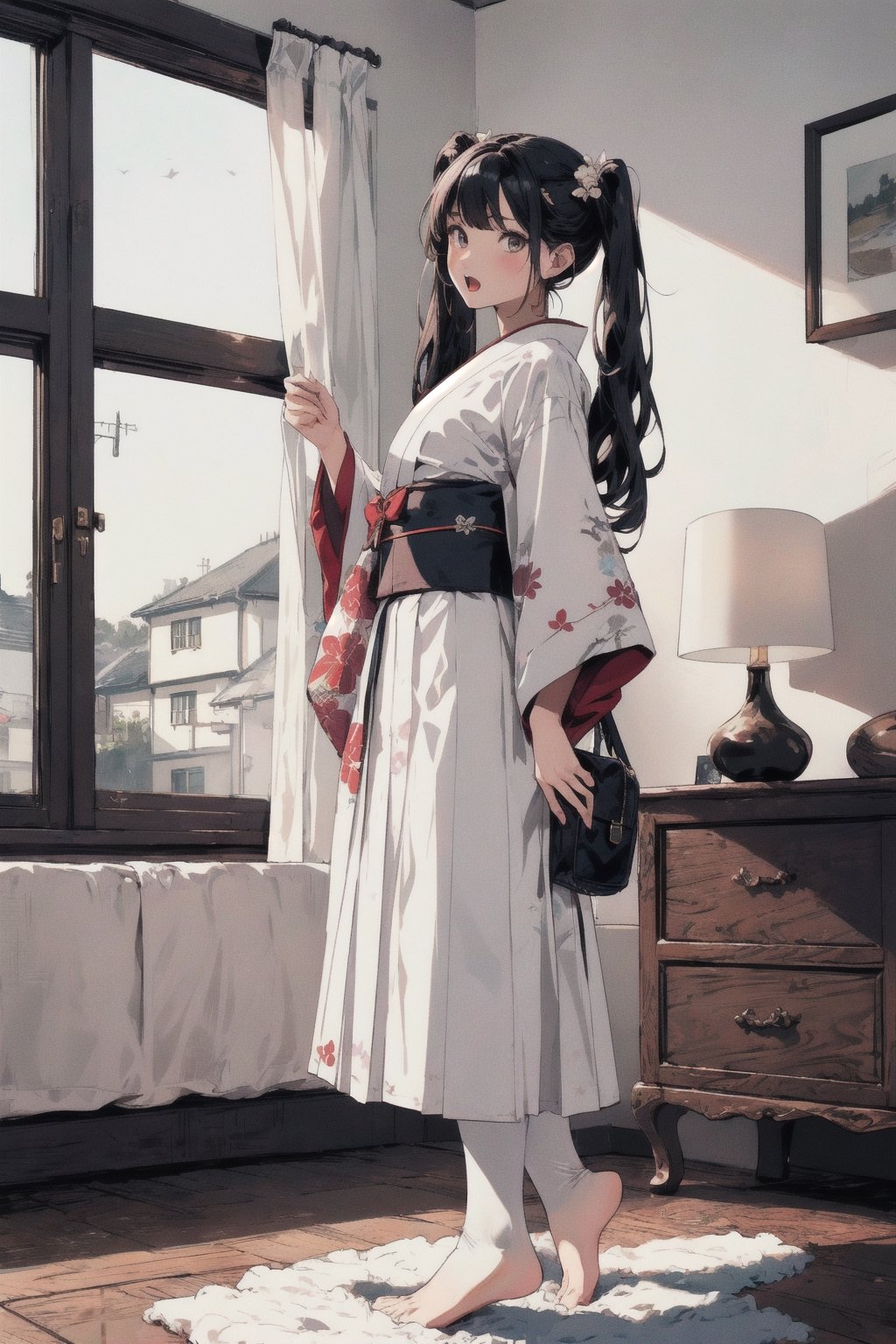 //quality and character
masterpiece, best quality, ultra-detailed, beautiful detailed,4k, highres, ultla detailed, absurdres, BREAK

//Character
a girl in kimono posing near window in house-style living room, 
1girl, solo, bag, pantyhose, twintails, skirt, black hair,  looking at viewer,  full body, BREAK, 
underwear, long skirt,  bare foot,
open mouth, pleated skirt, standing, black pantyhose, shirt, white shirt, long hair, holding, bangs, BREAK,

//background
 (living:1.2),BREAK,pastel colors