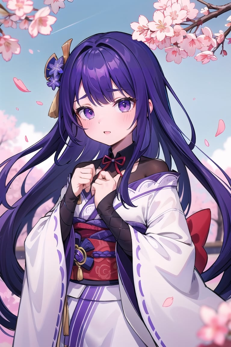 masterpiece,absurdres,best quality,Color Booster,niji,1girl,Long purple hair,blue hair ribbon,Sakura kimono,Cherry blossoms drift away,pastel colors,kawaii,raidenshogundef