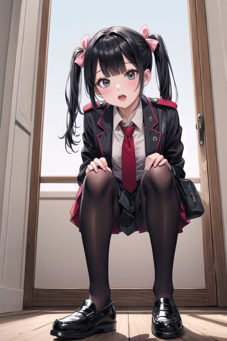 //quality and character
masterpiece, best quality, ultra-detailed, beautiful detailed, 4k, highres, ultla detailed, absurdres, BREAK

//Character
a girl in uniform posing near window in house-style living room, 1girl, solo, bag, pantyhose, twintails, skirt, black hair, necktie, black footwear, looking at viewer, school uniform, grey skirt, jacket, shoes, loafers, full body, open mouth, pleated skirt, black jacket, school bag, standing, black pantyhose, shirt, white shirt, long hair, holding, bangs

//background
(living:1.2), BREAK,

Sexy Pose,pastel colors