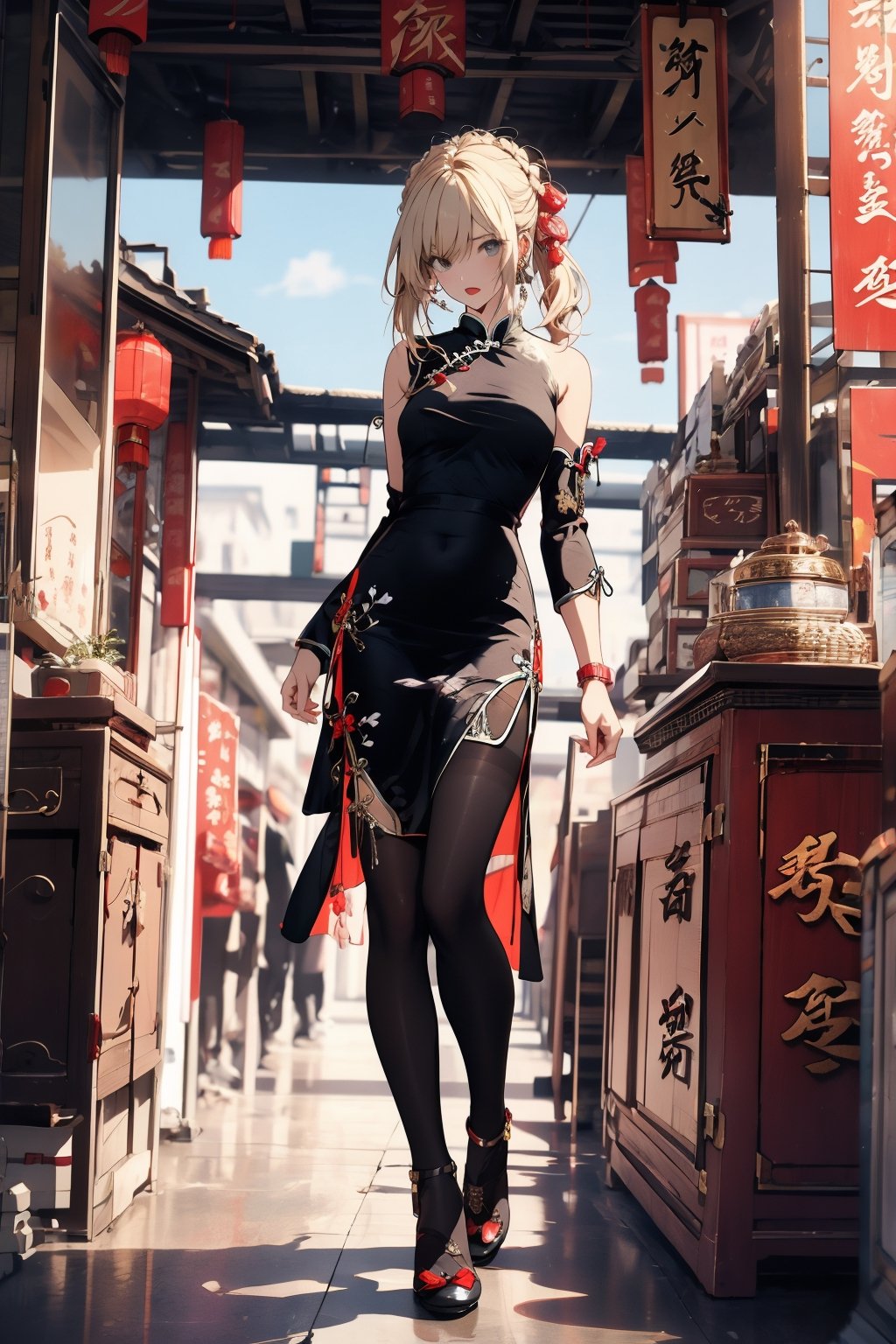 //quality and character
masterpiece, best quality, ultra-detailed, beautiful detailed, 4k, highres, ultla detailed, absurdres, BREAK
//Character
artoria pendragon in qipao posing near window in restaulant, artoria pendragon, artoria pendragon, blond_hair,twintails,  messy hair, full body, open mouth,, standing, BREAK, 
(qipao:1.5),  (deep slit), leotard,heels,  black pantyhose, no sleeve,bare_shoulders, bra,white shirt, long hair, holding, bangs, BREAK,
looking at the sky, sunset, outdoor dark red and blue and purple sky,dynamic angle, model shot,SGBB,midjourney