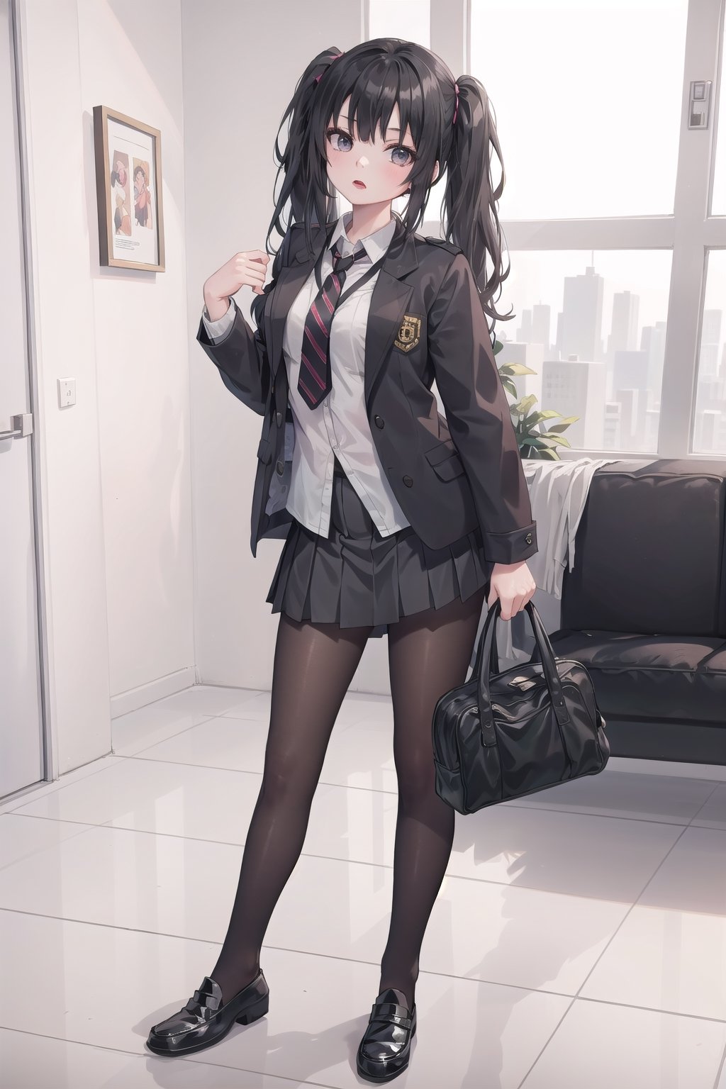 //quality and character
masterpiece, best quality, ultra-detailed, beautiful detailed,4k, highres, ultla detailed, absurdres, BREAK

//Character
a girl in uniform posing near window in house-style living room, 
1girl, solo, bag, pantyhose, twintails, skirt, black hair, necktie, black footwear, looking at viewer, school uniform, grey skirt, jacket, shoes, loafers, full body, 
open mouth, pleated skirt, black jacket, school bag, standing, black pantyhose, shirt, white shirt, long hair, holding, bangs

//background
 (living:1.2),BREAK,Detailedface,pastel colors,Sexy Pose