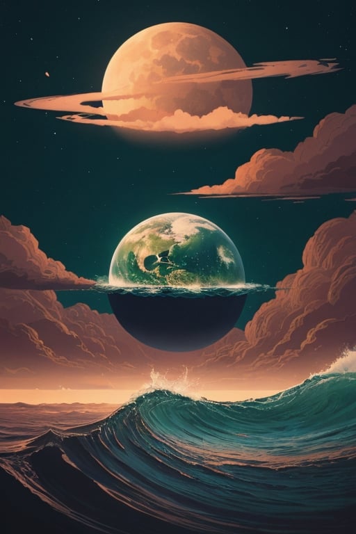 musical tropical vector illustration of earth with a green leave floating, in the style of Dan Mumford, vintage aesthetics, compositions inspired by nature, dark and gloomy landscapes, tropical landscapes, waves, ocean, orange, pink, blue colors, with UFO