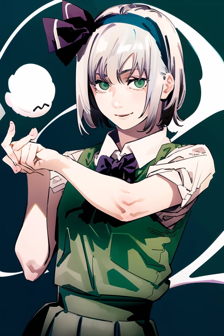 (masterpiece, best quality:1.2), fujimoto, 1girl, solo, 1girl, white hair, short hair, hair ribbon, hairband, green eyes, bow, white shirt,green vest,green skirt, smile, simple background, konpaku youmu (ghost)