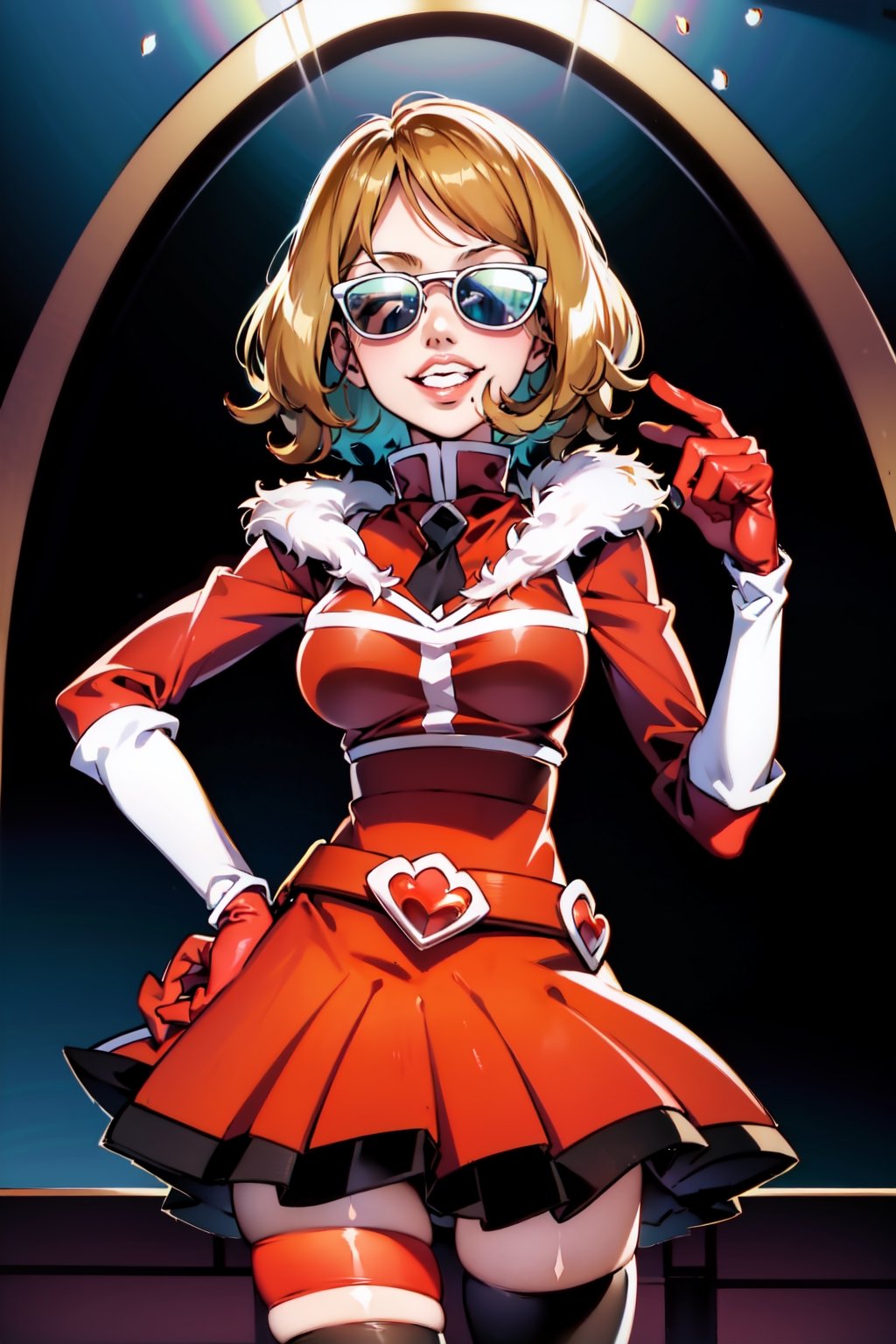 (best quality), (highly detailed), masterpiece, (official art),serena , short hair, (team flare:1.2), gloves,juliet_sleeves, long_sleeves , pleated skirt, thighhighs, hat, thigh boots, dress, belt, red dress, pantyhose, (lips:1.2), grin, smirk, pose, arm up, cowboy shot, looking at viewer, indoors, blurry background,depth of field, best quality, masterpiece, intricate details, tonemapping, sharp focus, hyper detailed, trending on Artstation,Sunglasess, BlackSunglasess