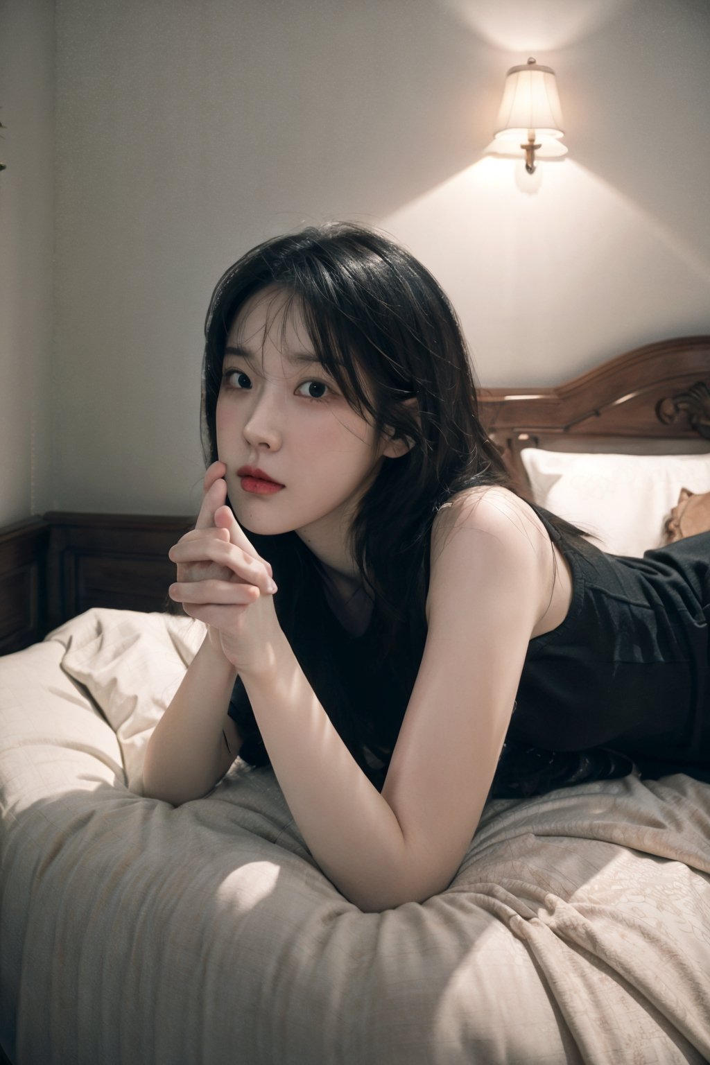 (masterpiece, best quality), HDR, high-definition, [[[Intricate Details]]], cinematic, photorealistic, 1girl, nsfw, sexy pose, lying to bed, sexy pose,  naughty face, iu, lee ji eun, dlwrlma , random outfit, nsfw, not safe for work images,perfect, perfect fingers , complete fingers, iu in horny face, horny face, face while having sex