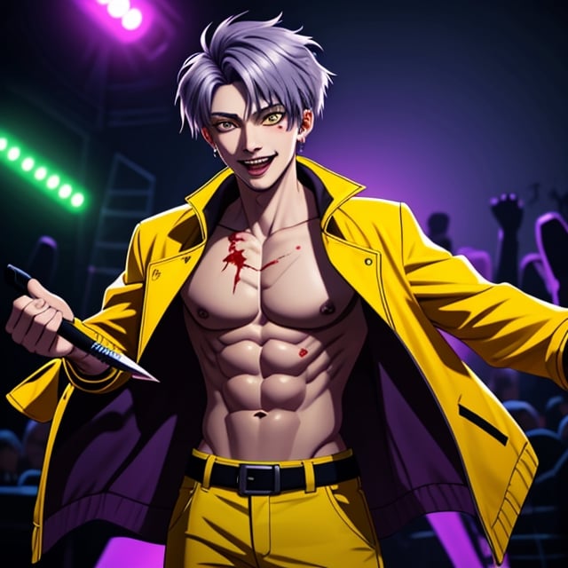 skinny korean male singer, yellow coat open, showing abs and chest, chest with blood, terracota color pantaloon, yellow ambar color eyes, hair silver purple color, maniac smile, maniac eyes, using a neon purple knive in one hand, discconected undercut hairstyle, white teeth, psychopath.

Secret scenario for a concert background,<lora:659111690174031528:1.0>