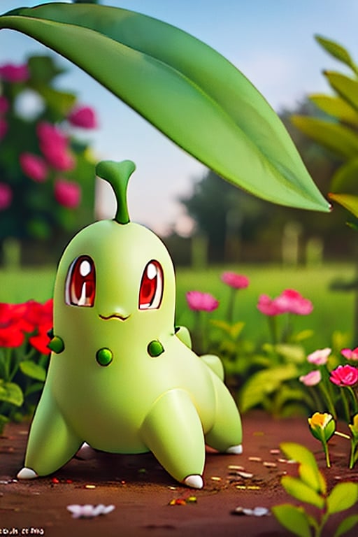 centered, award winning photo, (looking at viewer:1.2), | Chikorita_Pokemon,| garden, flowers, | bokeh, depth of field, cinematic composition, | 