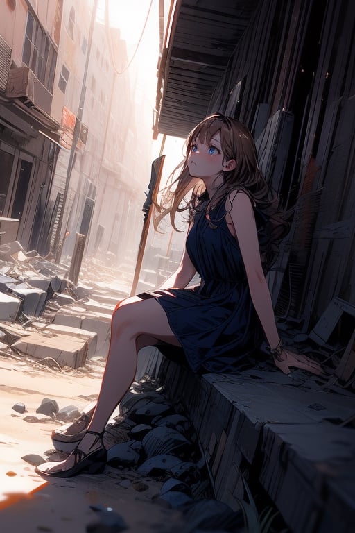 masterpiece, impastel, cinematic lighting, dynamic rays, medium shot, hyperdetailed, 1 girl, long brown hair, black eyes, wear dress, sitting on rock side view, shivering(hold arms)(hide face), black wings spread, wasteland as background, trending artstation, fully rendered(expressive)