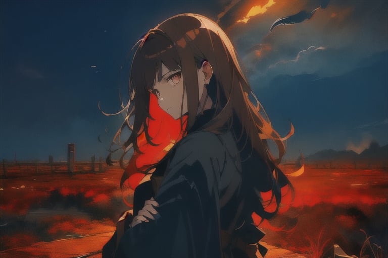 1 girl, western beauty, long brown hair, wear plain color dress, weak and feeble, painful and sad expression, look pitiful, holding her own arms, black wings spread from her back, smoky sky as background 