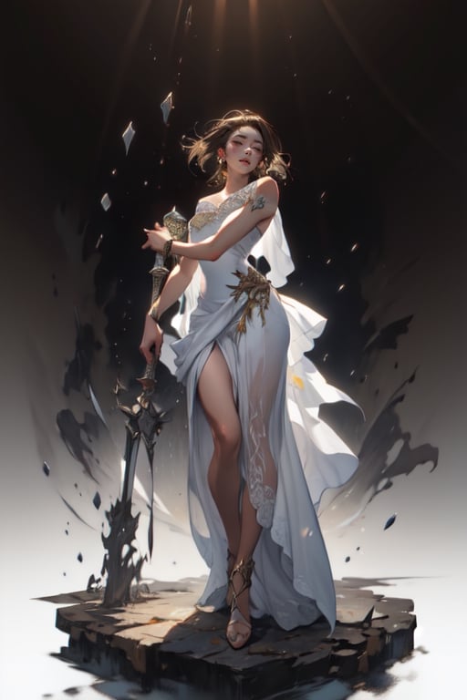 masterpiece, impasto, painting, cinematic lighting, dynamic rays, medium shot, full body, hyperdetailed, 1 goddess, long brown hair, black eyes, white dress, huddle, plain background, trending artstation, trending WLOP, fully rendered, expressive style