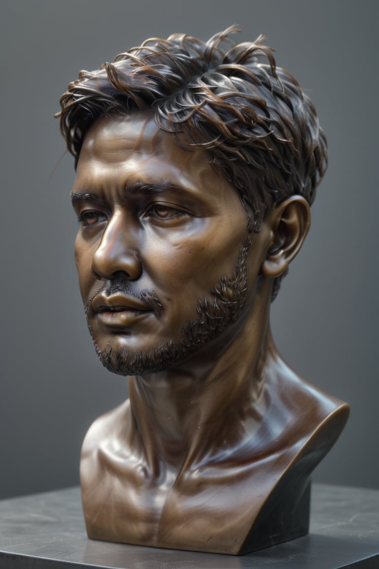 Realistic bust of guy statue bronze dark. Hight details, Grey background. 4k ,csrlds