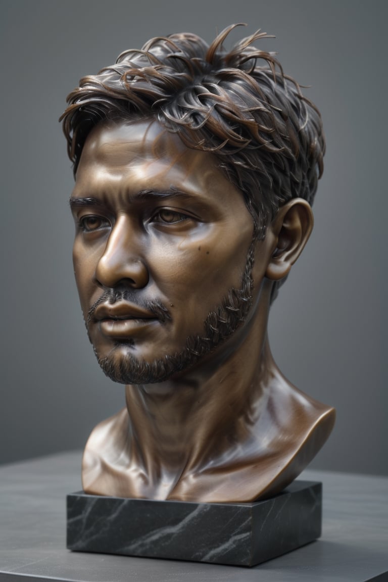 Realistic bust of guy statue bronze dark. Hight details, Grey background. 4k ,csrlds