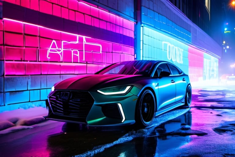concrete wall front view, outdoor, frozen ice, snowdrifts, cyberpunk city, fog, movie filter , rare neon lines on wall , a futuristic car on the side, side view --ar 9:16