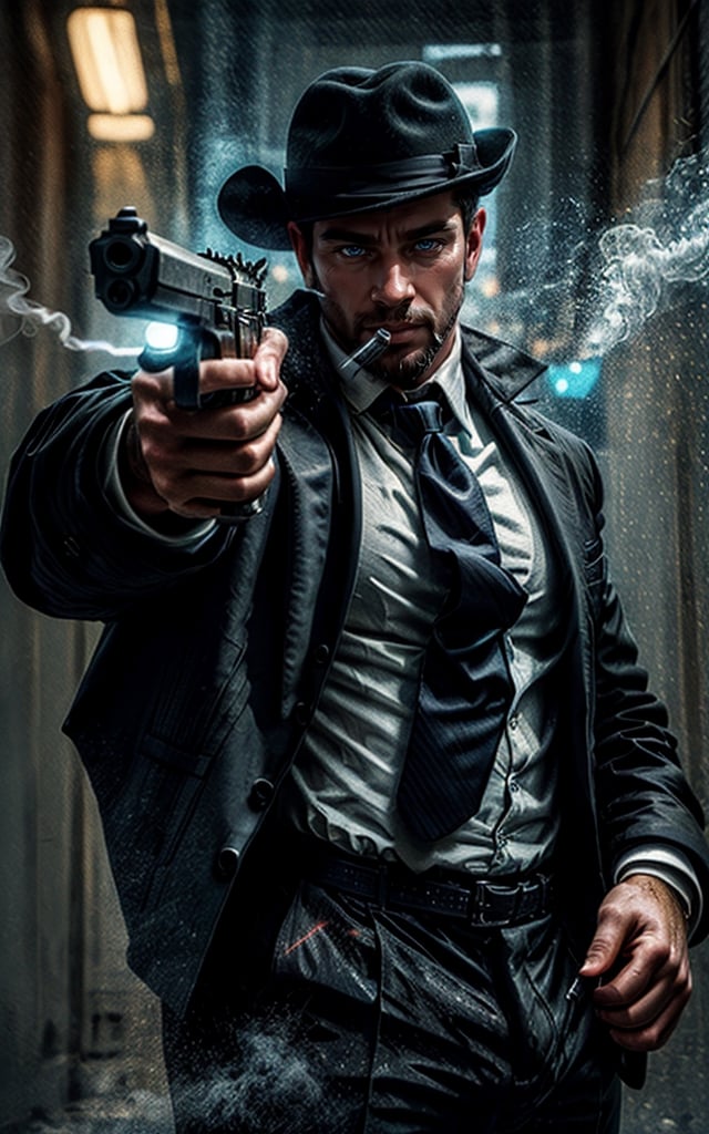 digital painting of a man, shot on Canon 5D Mark II, portrait of a mafia in city street full on neon signboards, ((balck business suit)), (white shirt), (red necktie), (balck hair), smoke from mouth, (with a cigarette in mouth), pants, angry, Holding a pistol in hand, fedora hats,
BREAK 
((blue neon lights)), add lightsource to front, (mouth open:0.5), Leaning lazily against the wall, cinematic, best quality, 8K, masterpiece, intricate details, dynamic pose, dynamic angle, ((surrealism)), ((romanticism)), ((oil painting \(medium\):1.2)), (illustration), huge-muscles, (large pectorals), sharp focus, soft lighting, vibrant colors, cinematic photography, volumetric lighting, film grain, hard shadows,xuer pistol