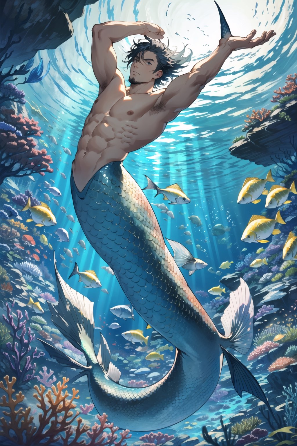 masterpiece, best quality, ultra high res, 1male, male mermaid, manly, muscular,brawny, beefy,short wave hair, (tan skin), (golden scales), (fins on arms),fins on back, holding trident, under the sea, bubble, fishes, dynamic action, coral reefs, light refracted under the sea. depth of field, perfect light, ,mermaid