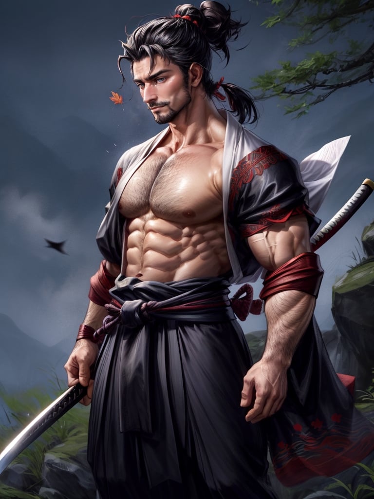 1man, samurai, handsome, protruding pecs, stubbles, japanese samurai clothing, black_hair, brown eyes, Hair tied back, few locks of hair hang down on the forehead, katana at waist, maple leaf scattered in the air, wind, dynamic angle, Masterpiece,  Intricate details,  hdr,  depth of field,  (full body view),  Portrait, open cloth, take off top cloth to waist, show chest, show abs, body hair, hairy chest,best quality