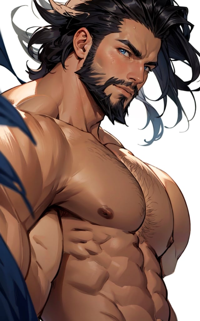 masterpiece,  best quality,  perfect lighting,  detail face,  ((beard)),  black hair,  detailed eyes,  muscular,  masculine,  protruding pecs,  large pectorals,  handsome man,  (arab), ((topless)), clothmancer, headscarf,  wind, [(white background:1.15), upper body, portrait, (low angle), sunshine, (shine body),